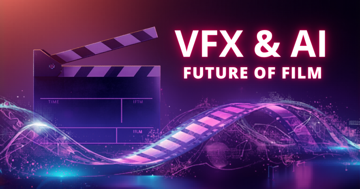 Film clapperboard and digital visual effects representing VFX and AI in filmmaking