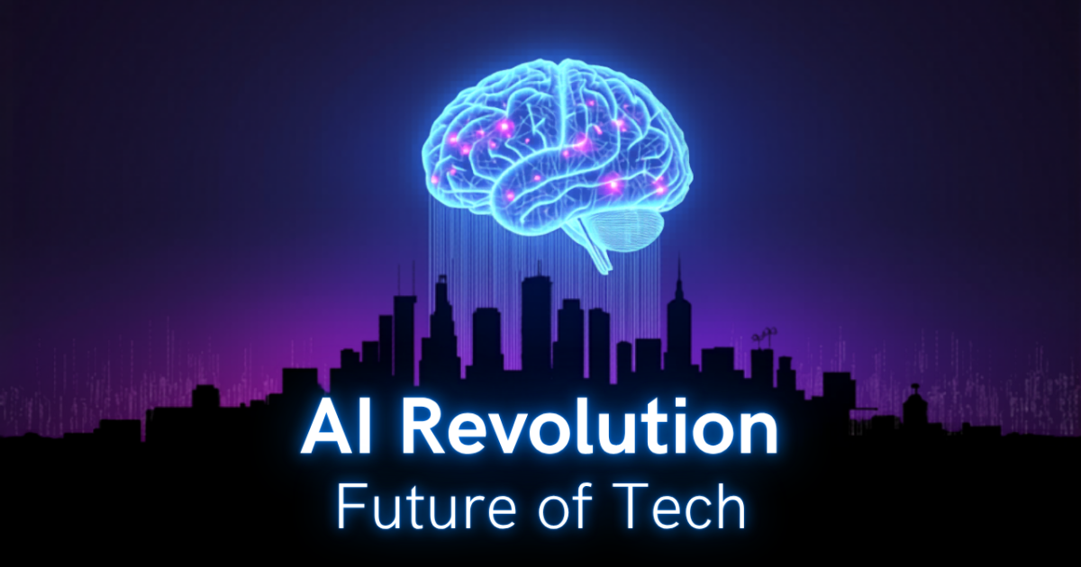 Digital brain over a city skyline representing AI transforming industries